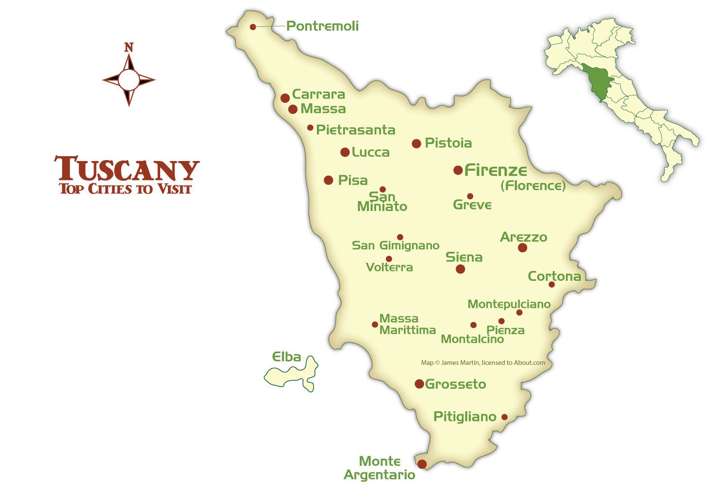 A map of the Italian region of Tuscany with Florence Siena Cortona Pisa Lucca and more